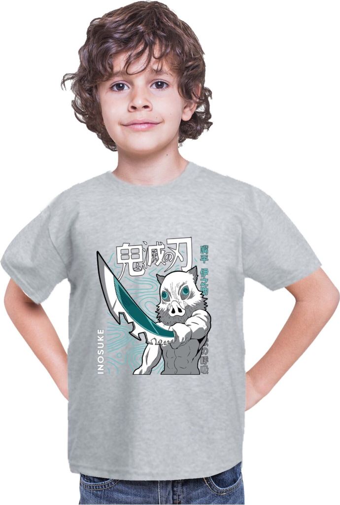 Kinder T-Shirt Demon Anime Slayer Kimetsu No Yaiba Inosuke Hashibara 004, 9-11 Jahr - 140 / Grau