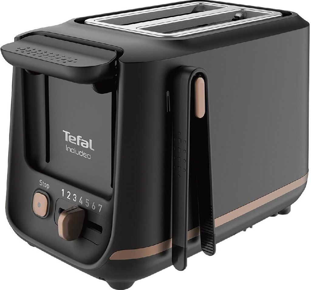 A black Tefal toaster with bronze accents on a white background.