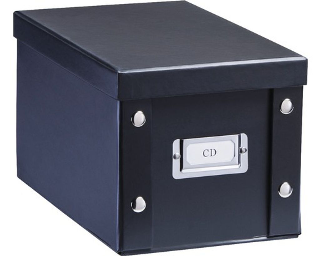 A black CD storage box with a label that says "CD".