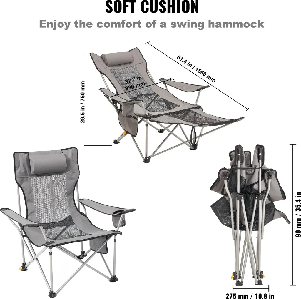 Chaise de camping robuste 150 kg avec appui-tête et poche de rangement