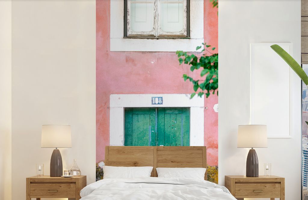 MuchoWow Fototapete für Wohnzimmer oder Schlafzimmer Wandtapete Vinyl Motivtapete Tür - Grün - Rosa - Farbe - 120x240 cm - Hintergrundbild