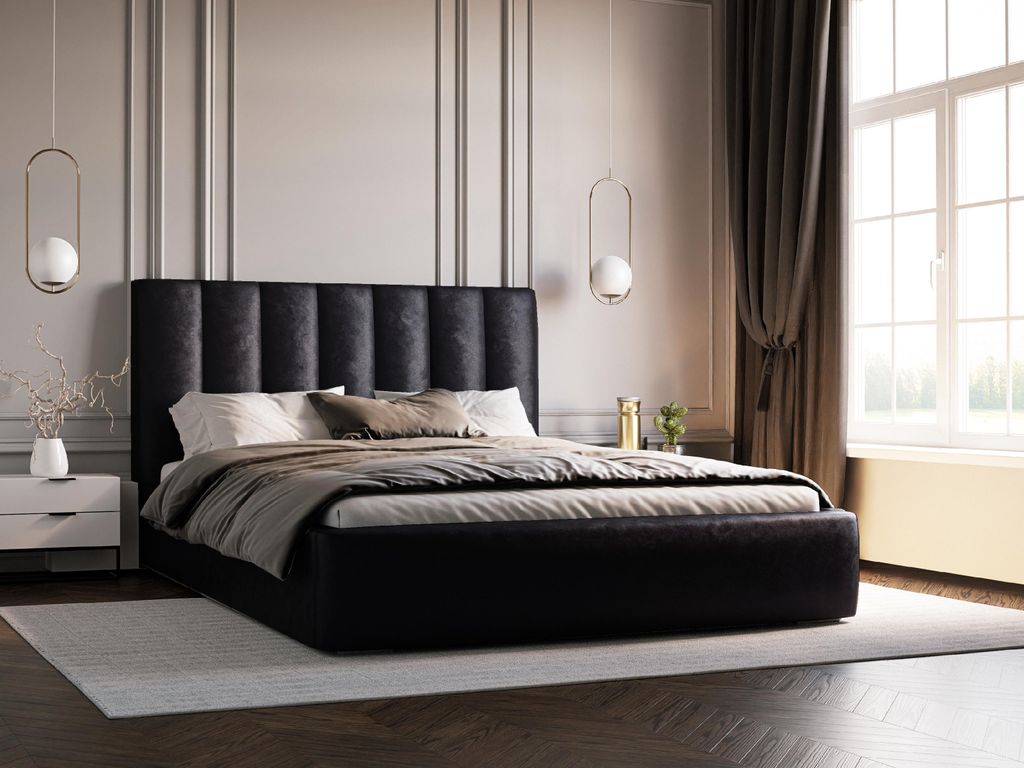 ADIDAR Polsterbett Larsonn 180x200cm – Holzrahmen, Bettkasten, Lattenrost - Stilvolles Design, Lieferung inkl. - (Schwarz - IKOO 22)