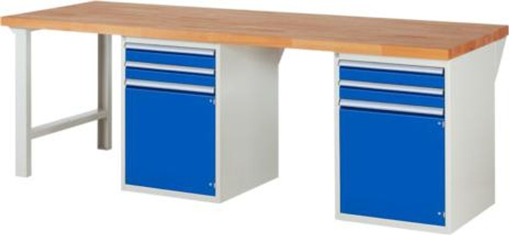 Werkbank mit 2 Schränken - 4 Schubladen - Teilauszug - 90:4 - 890 x 2.500 x 900 mm (HxBxT) - Traglast 1.000 kg - Buche