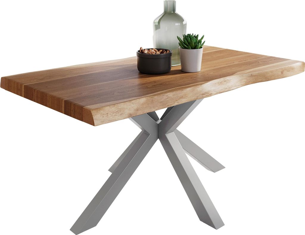Esstisch Baumkante massiv Akazie natur 120 x 80 Spider-Gestell silber ATLAS