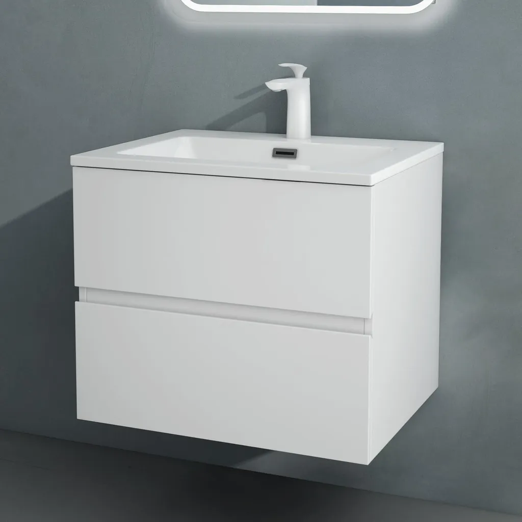 Meuble Vasque Salle de Bain Suspendu avec Lavabo en Solid Surface 60cm