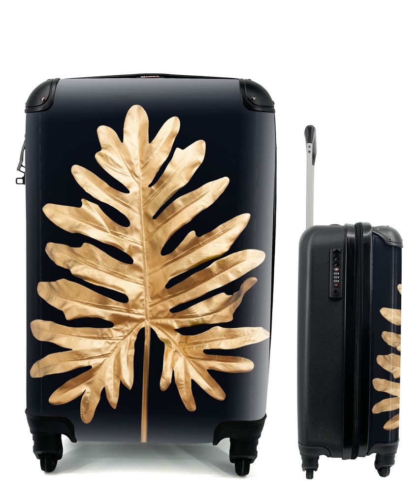 MuchoWow Koffer Handgepäck Trolley Rollkoffer Kleine Reisekoffer mit 4 Rollen - Blätter - Herbst - Gold - Schwarz - Natur - Luxus - Cabin Size ...