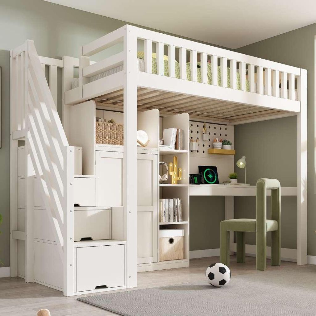 Hochbett Kinder mit Treppenschrank, Stauraum & Sicherheitsgeländer - Platzsparend & Praktisch für Geschwister - Weiß, ohne Matratze 90x200 cm