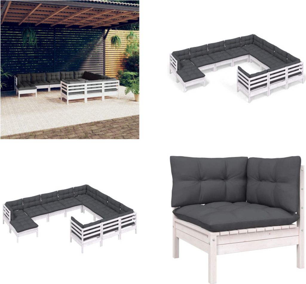 vidaXL 11 tlg. Garten Lounge Set mit Kissen Weiß Kiefernholz - Garten-Lounge-Set - Garten-Lounge-Sets - Gartenmöbel-Set - Gartenmöbel-Sets