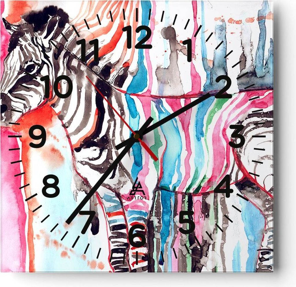 Wanduhr - Quadrat - Glasuhr - Zebra Tiere Natur bunte - 40x40cm - Schleichendes Uhrwerk - Lautlos - zum Aufhängen bereit - Dekoration Modern - Wan...