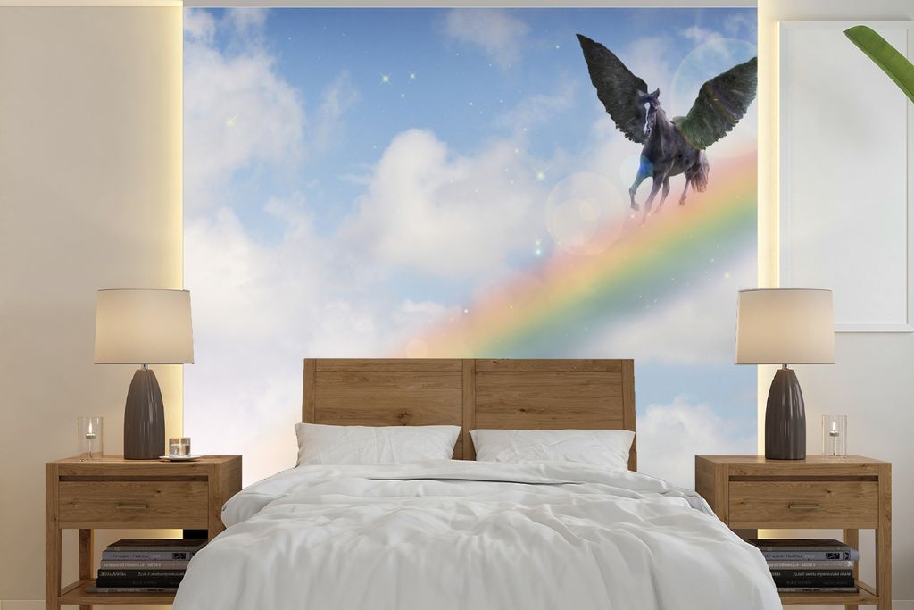 MuchoWow Fototapete für Wohnzimmer oder Schlafzimmer Wandtapete Vinyl Motivtapete Ein Pegasus fliegt über den Regenbogen - 300x300 cm - Wanddek...