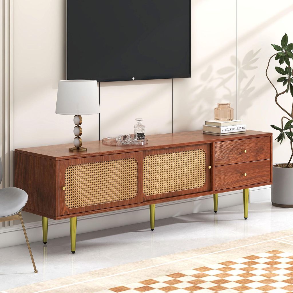OKWISH Meuble TV avec 2 Portes Coulissantes Effet Rotin et Image du produit 