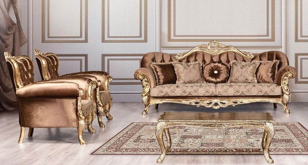 Casa Padrino Luxus Barock Wohnzimmer Set Braun / Antik Gold - 2 Barock Sofas mit Muster & 2 Barock Sessel mit Muster & 1 Barock Couchtisch - Barock...