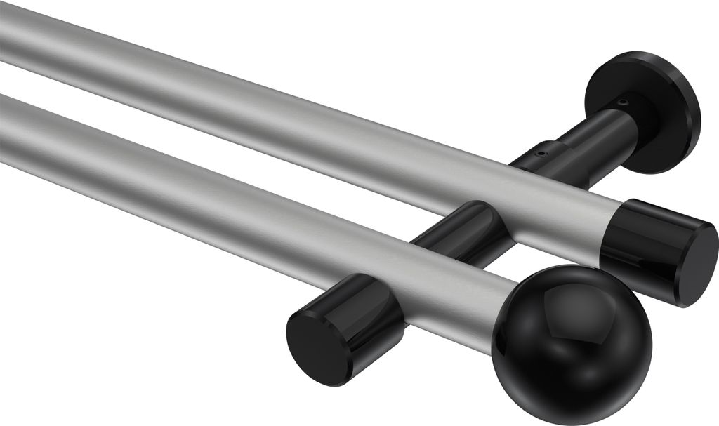 Interdeco Gardinenstange / Vorhangstange Silbergrau / Schwarz, Typ Prestige Luino (Kugel) ohne Ringe, 20 mm Ø 2-läufig, 520 cm