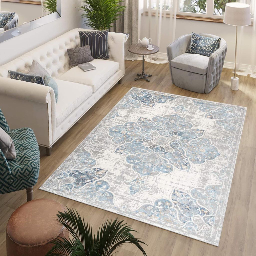 Tapiso Teppich VALLEY Modern Kurzflor Grau Blau Wohnzimmer Produktbild 
