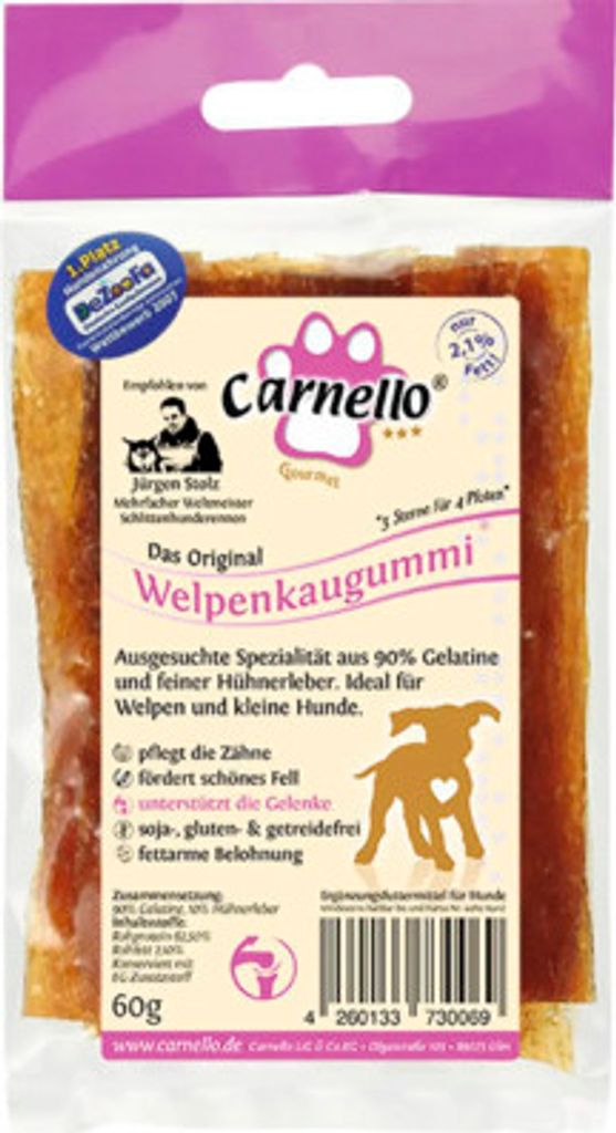 Hundesnack Carnello Welpenkaugummi, 90% Gelatine und Hühnerleber, reinigt das Gebiss, soja-, gluten- & getreidefrei, 60