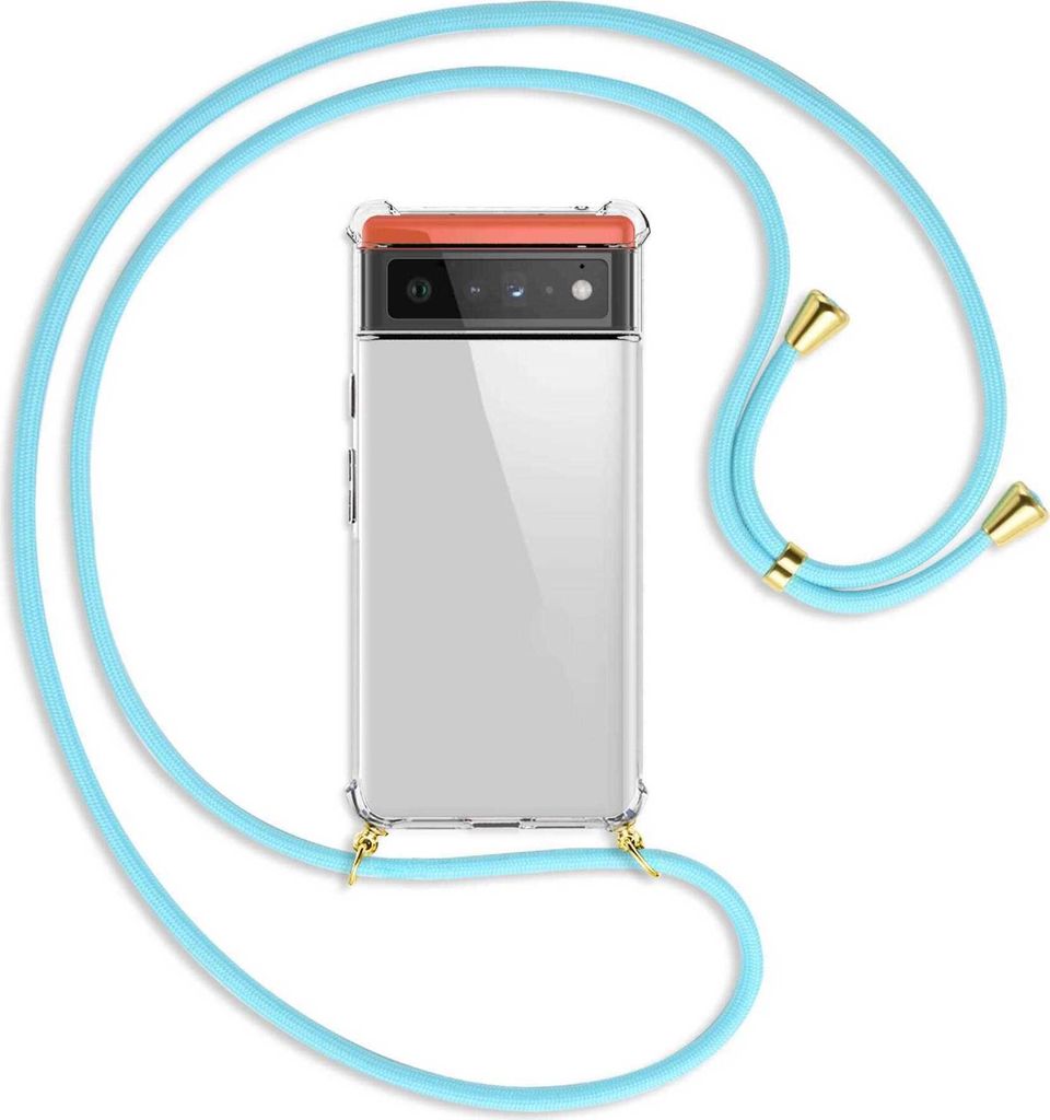 Handykette Backcover-Schutzhülle mit Band (Metall goldfarben) für Google Pixel 6 - himmelblau