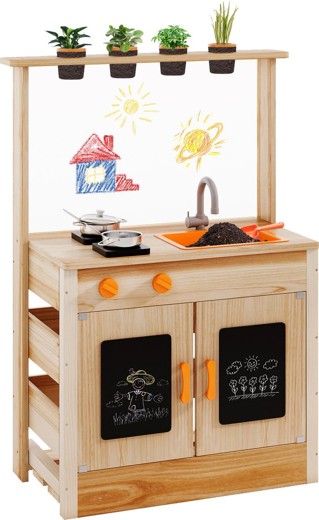 COSTWAY Kinderküche Matschküche Outdoor, Spielküche Holz mit Pflanzentöpfen, Wasserhahn, Spüle, Tafeln & Kochzubehör, Outdoor Küche für Kin...