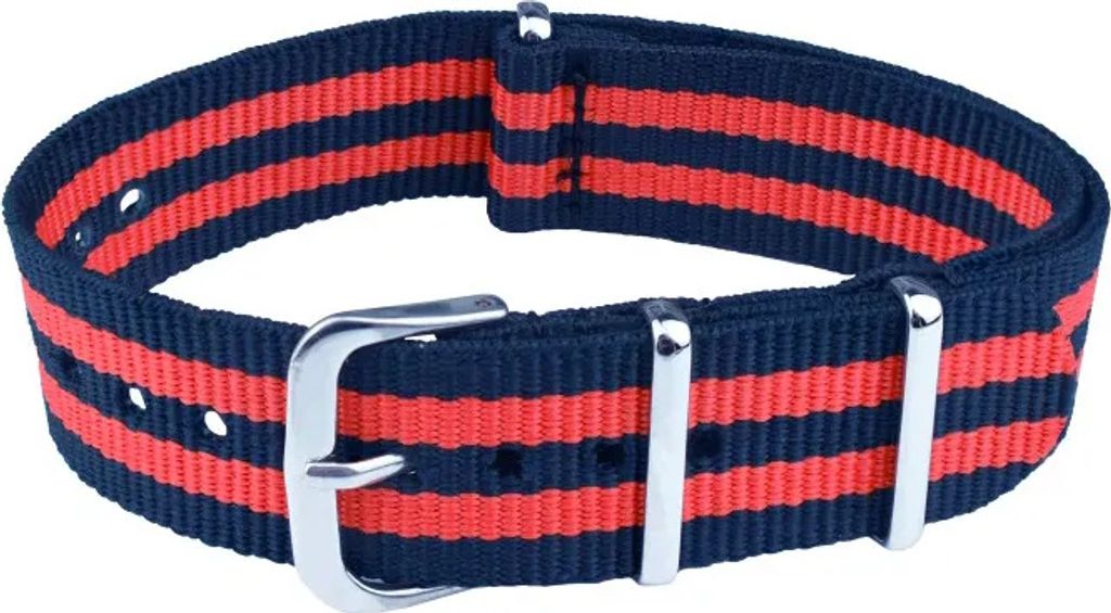 ClassicWatchStraps Nylon Uhrenarmband - Blau/Rot (5 Streifen), 22 mm, Silber poliert