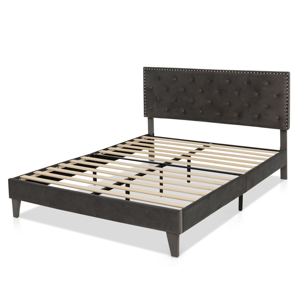 A bed frame with a tufted headboard and wooden slats, shown against a white background.