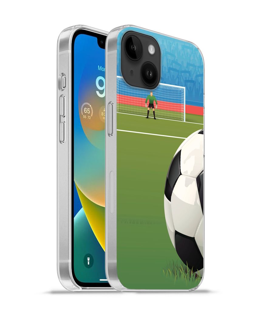 MuchoWow Handyhülle Schutzhülle Hülle für Apple iPhone 14 Plus - Soft case Eine Illustration eines Fußballs auf dem Feld im Stadion - Jungen...