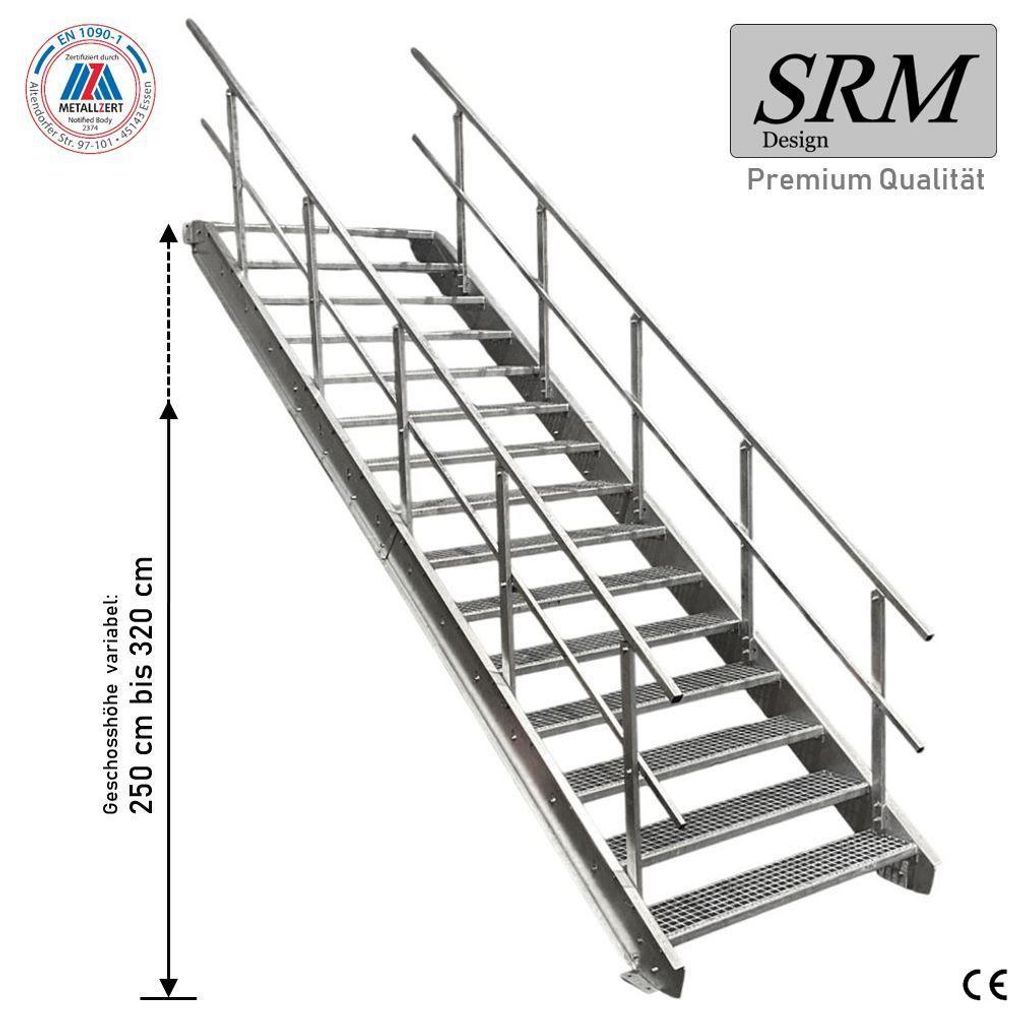 15 Stufen Stahltreppe beidseitigem Geländer Breite 60 cm Produktbild 