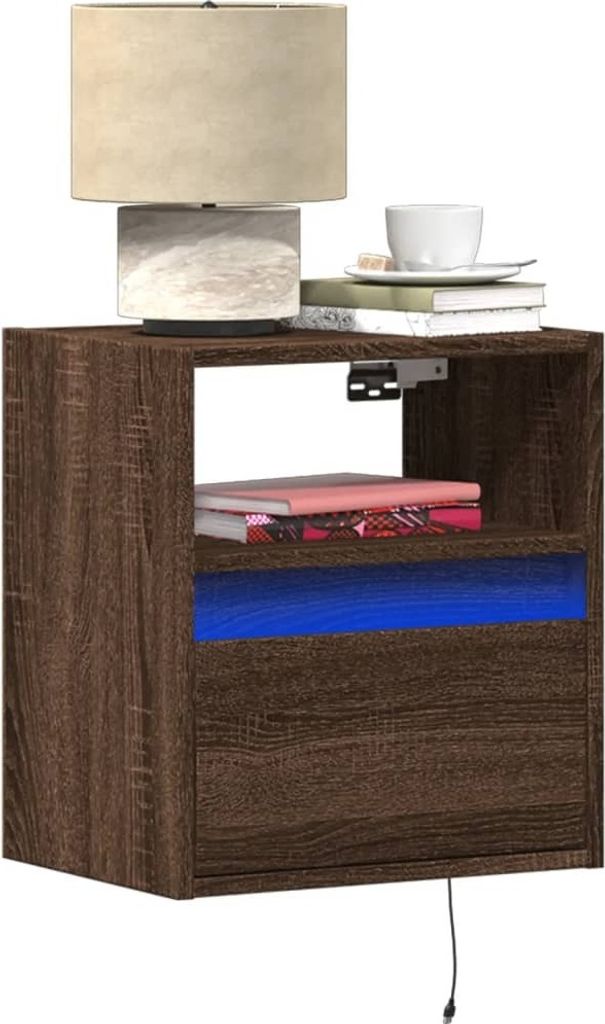 vidaXL Wand-Nachttisch mit LED-Leuchten Braun Eichen-Optik