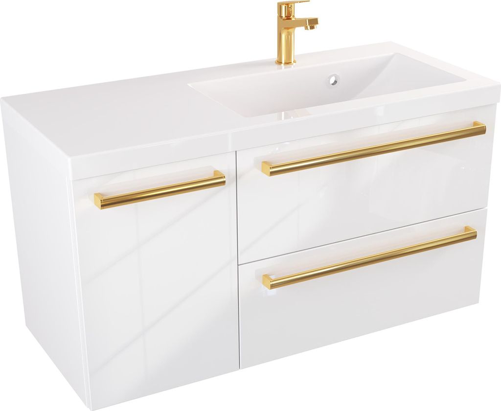 FURNI Waschtischunterschrank ATH 90 cm - Weiß Hochglanz - Hängender Badschrank mit Mineralguss-Waschbecken - Griffe - Vormontiert