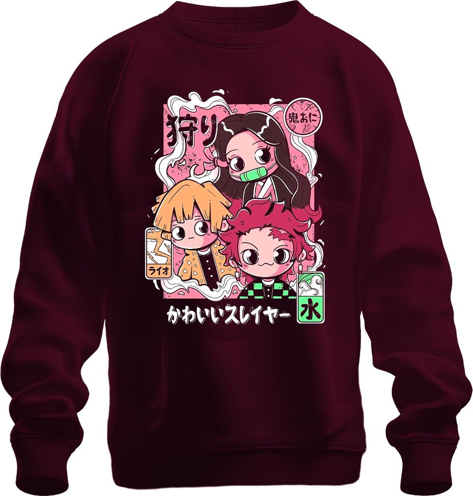 Kimetsu no Yaiba Tanjiro Nezuko Zenitsu かわいいスレイヤー Chibi Kawaii Uni Sweatshirt Pullover, Burgundy, M