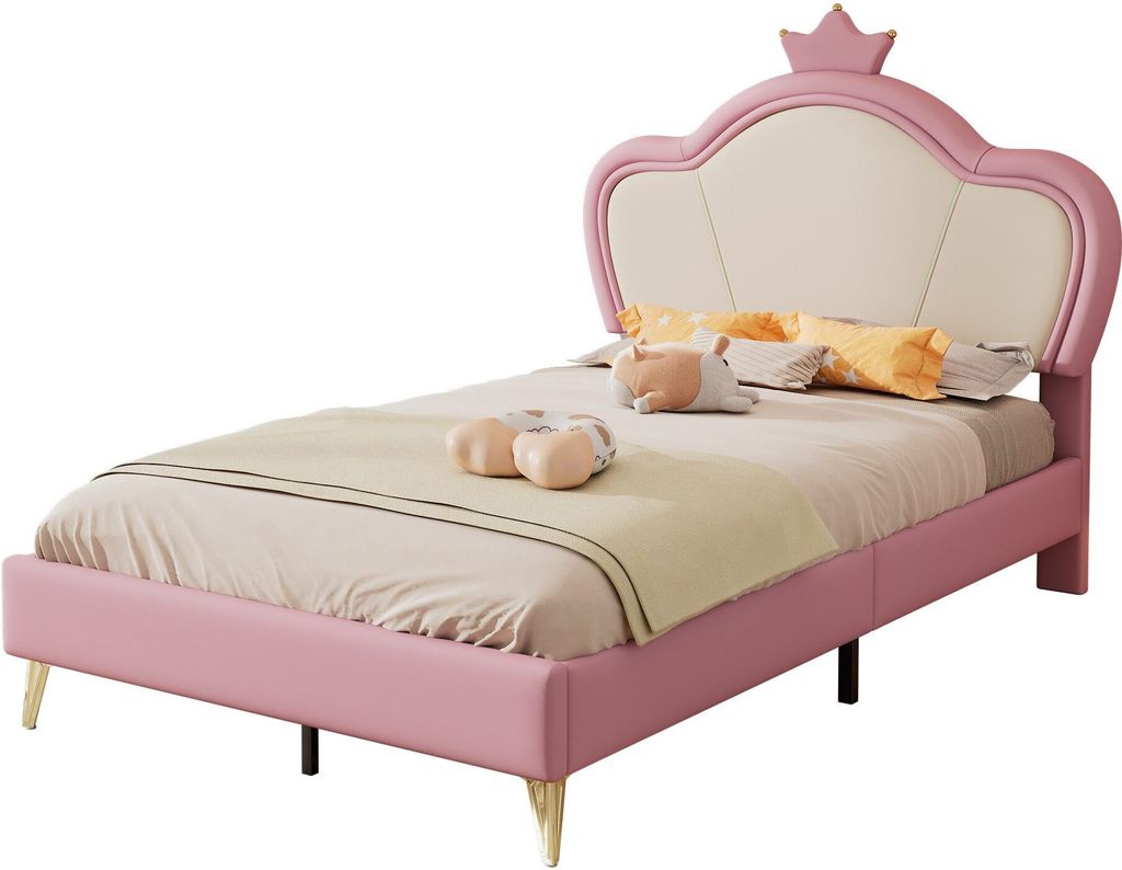 Kinderbett 90x200cm Einzelbett Gaestebett Maedchenbett Jugendbett Rosa Kopfteil mit Krone Elegantes Kopfteilprofil Polsterbett Funktionsbett