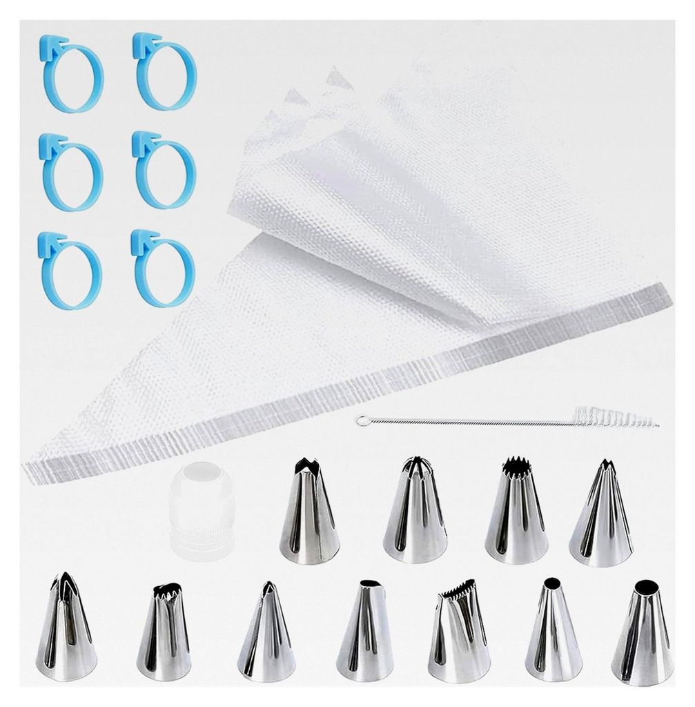 Einweg-Spritzbeutel Set, 100 Stück mit 11 Spritztüllen, 6 Silikonringen, 1 Standardkonverter und Reinigungsbürste für Kuchen, Torten und Kekse