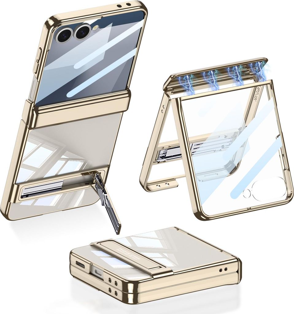 Hülle für Samsung Galaxy Z Flip 7 Magnetische Scharnierschutz Hartes Transparent Galvanisieren Schutzhülle mit Displayschutz und Ständer Gold
