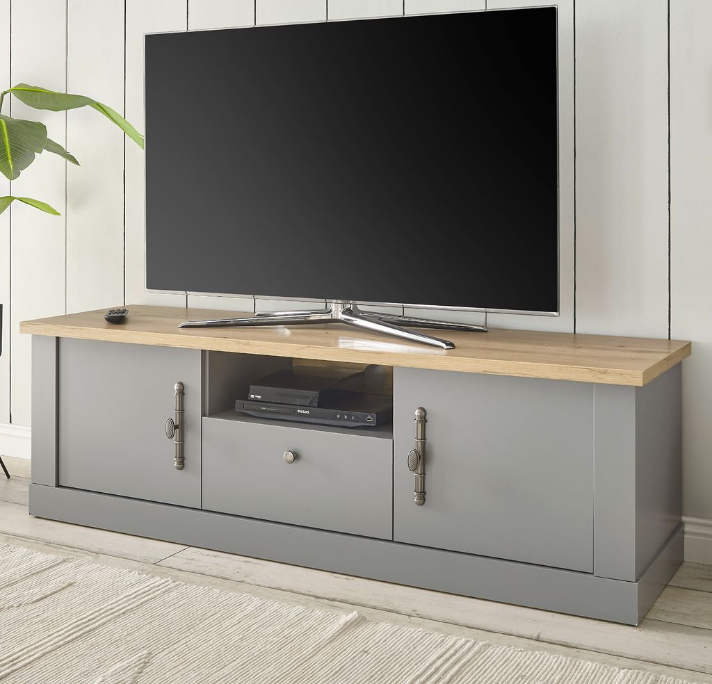 TV-Lowboard "Rideau" in grau Eiche Landhaus TV Unterteil 155 x 48 cm