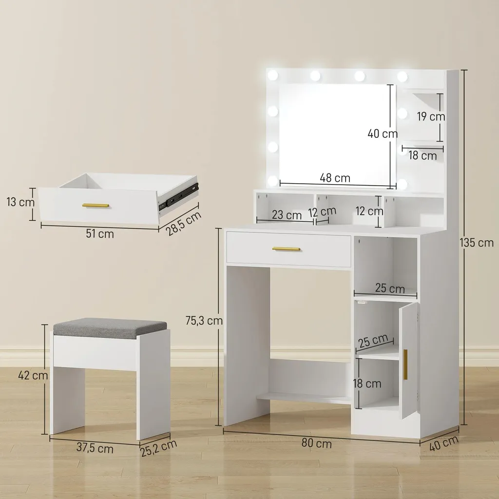 Coiffeuse lumineuse blanche gain de place | Coiffeuse miroir LED - 3