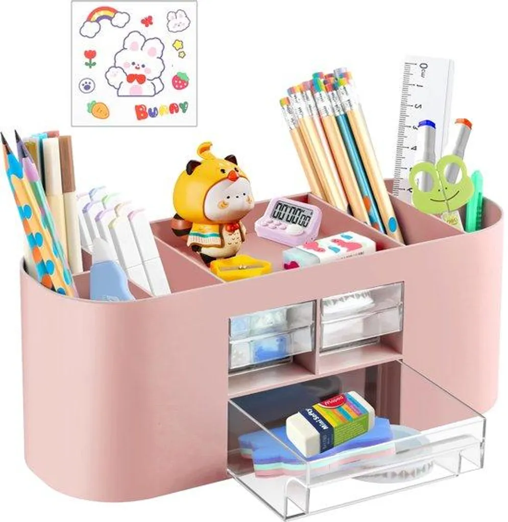 Organiseur de bureau à grande capacité 10 compartiments coloris rose
