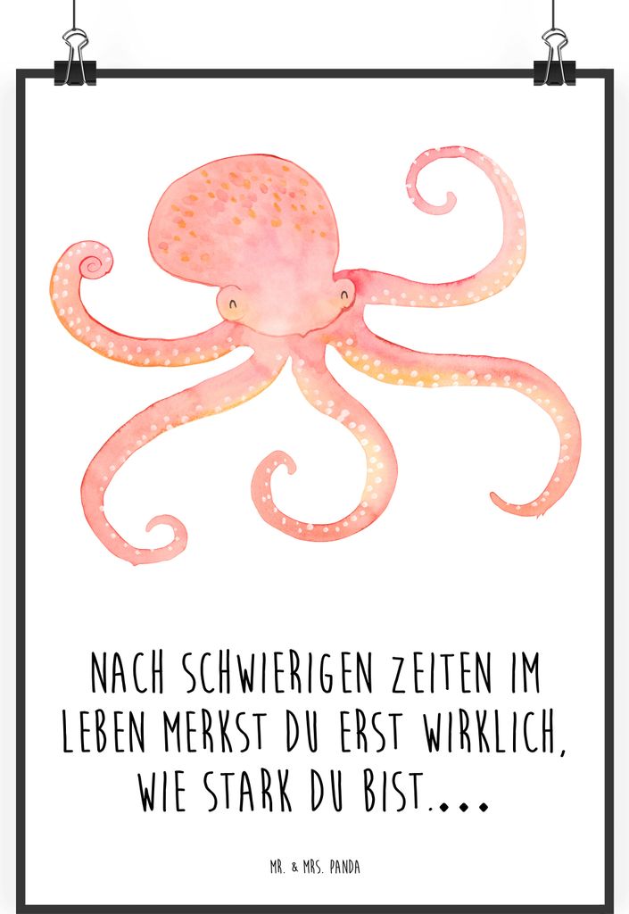 Mr. & Mrs. Panda Bild Tintenfisch DIN A2 - Weiß - Geschenk, Ozean, Wandbild, wanddeko, Meerestier, Meer, Lustige Sprüche, Krake, Kunstdruck, druc...