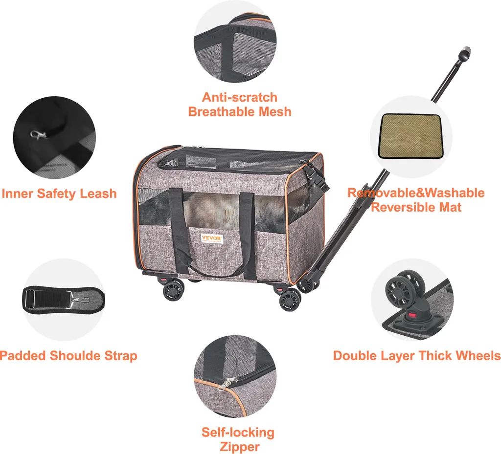 VEVOR trolley per cani Zaino pieghevole per cani Capacità di carico max. 9,9 kg Borsa da trasporto in tessuto Oxford 600D Trolley per cani con 4 ruote Trolley per animali domestici Borsa da viaggio per cani Ideale per viaggi in auto o escursioni - 7