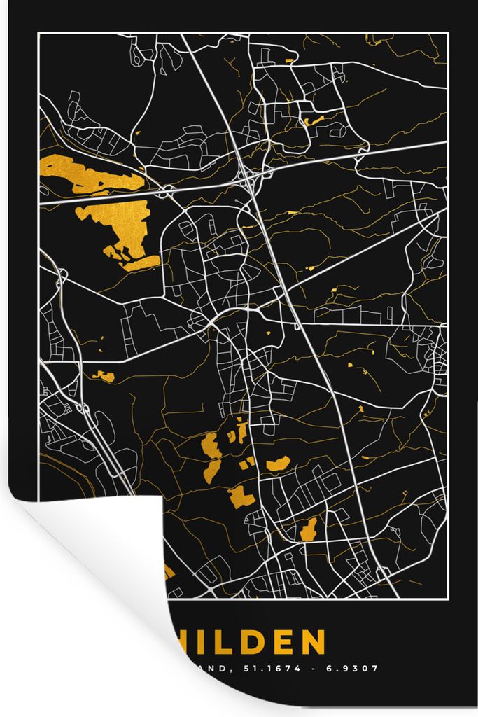 MuchoWow Wandtattoo Wandsticker Wandaufkleber Deutschland - Schwarz und Gold - Hilden - Stadtplan - Karte 60x90 cm Selbstklebend und Repositionie...