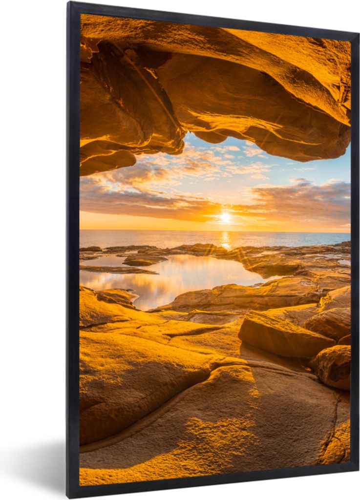 MuchoWow Gerahmtes Poster Höhle - Meer - Horizont - Sonnenuntergang 20x30 cm - Poster mit Schwarzem Bilderrahmen Wandposter Rahmen Foto Bilder -...