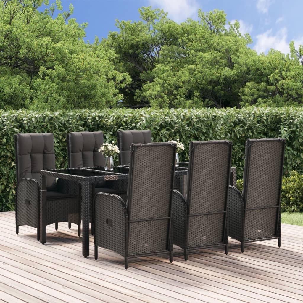 The Living Store 7-tlg. Garten-Essgruppe mit Kissen Schwarz und Grau Poly Rattan