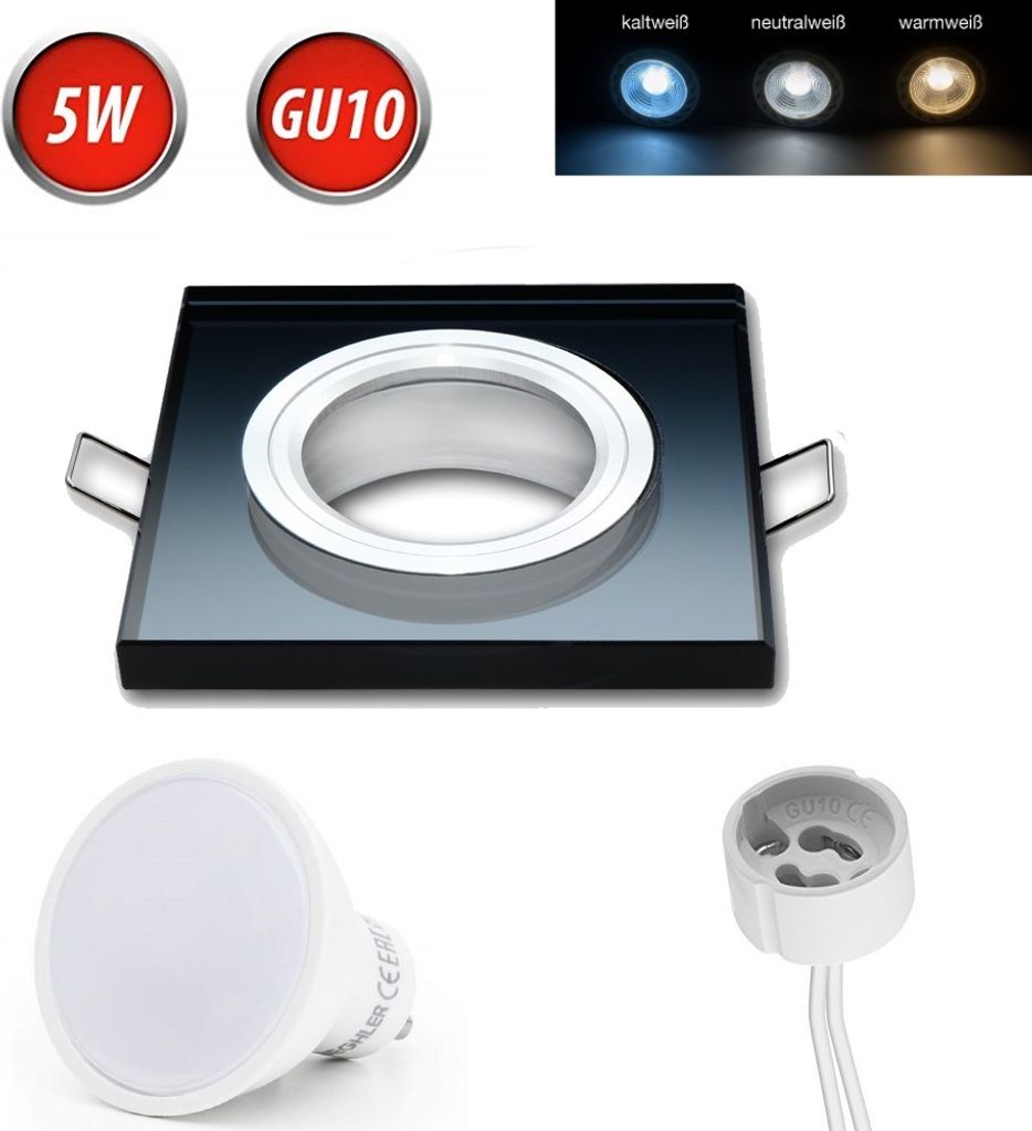 Einbaustrahler GU10 Einbaurahmen Glas Einbauleuchte Ø75mm Bohrloch inkl. GU10 5W Warmweiß LED Leuchtmittel Schwarz Eckig
