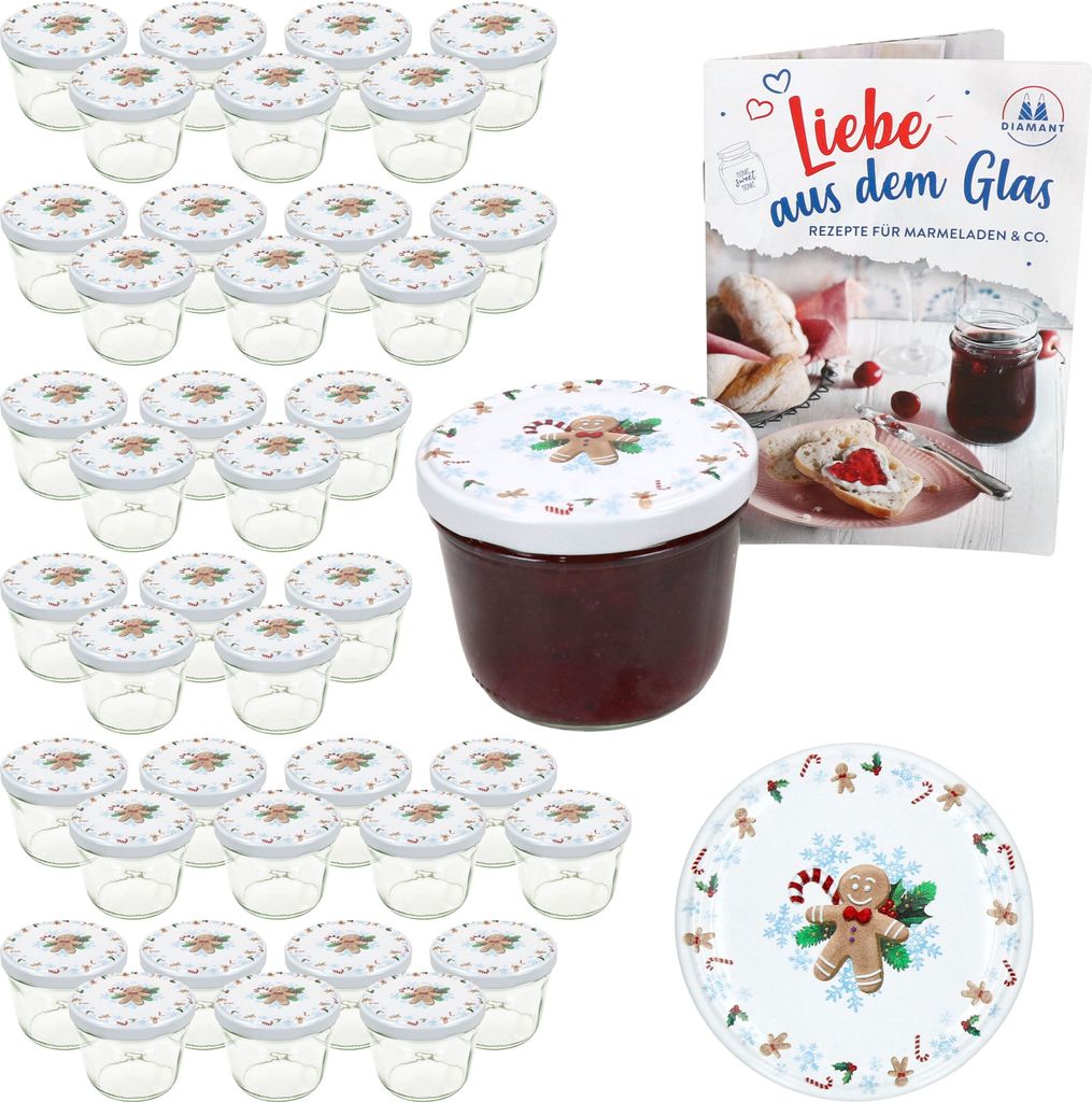 A collection of small glass jars with lids, a jar of jam, and a recipe booklet, arranged on a white background.