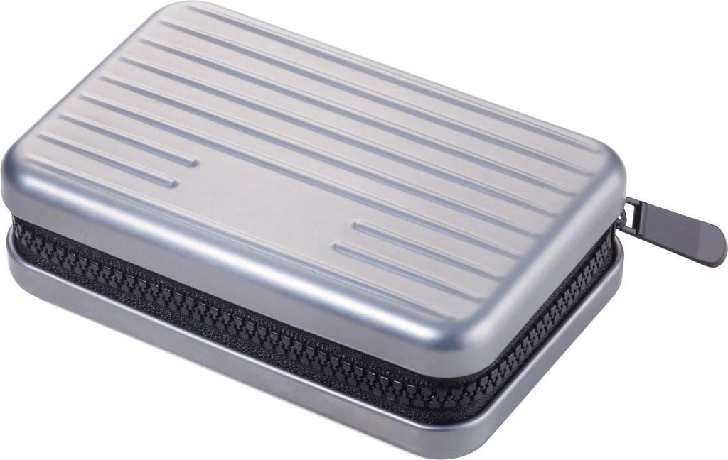 A silver card holder with a ribbed texture and a black zipper is shown against a white background.