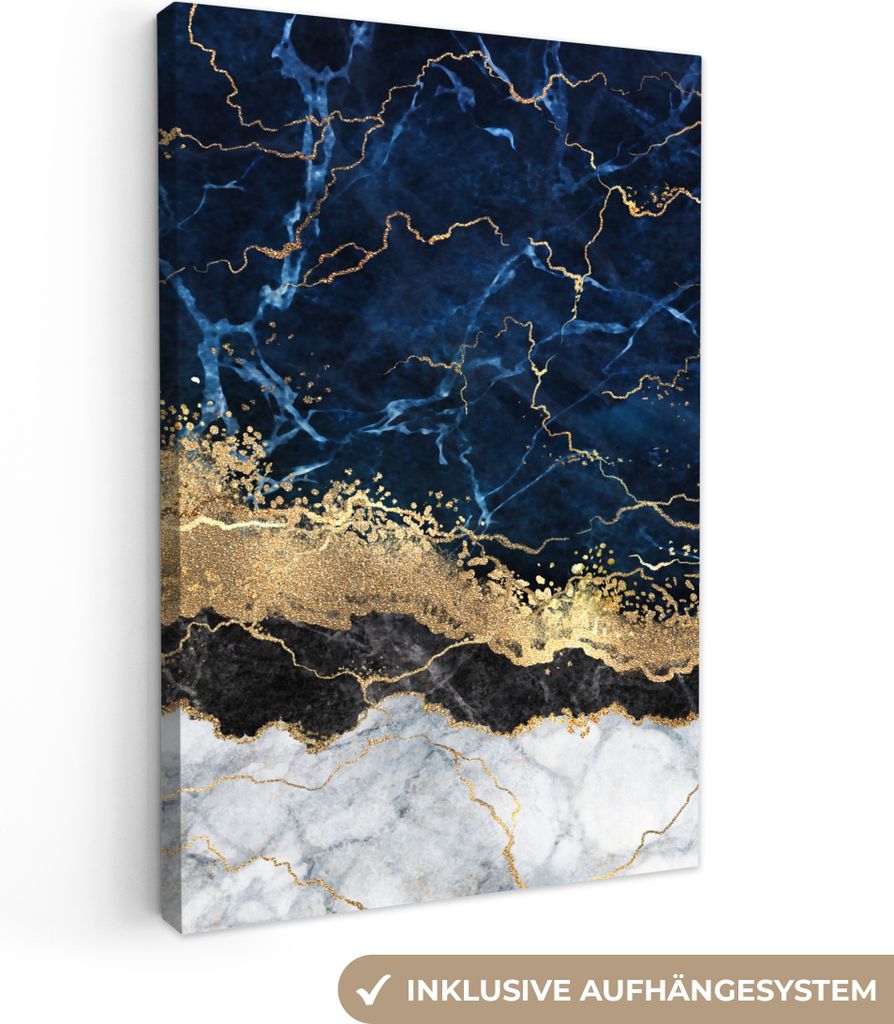 MuchoWow - Leinwandbilder - Marmor - Weiß - Gold - Luxus, Wandbild, Wanddeko Bilder Wohnzimmer, 80x120 cm
