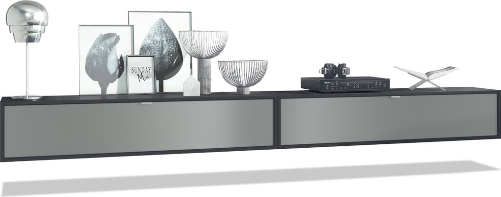 Vladon 2er-Set TV Board Lana 140, Germany, Lowboards je 140 x 29 x 37 cm mit viel Stauraum, Korpus in Schwarz matt, Fronten in Graphit seidenmatt |...
