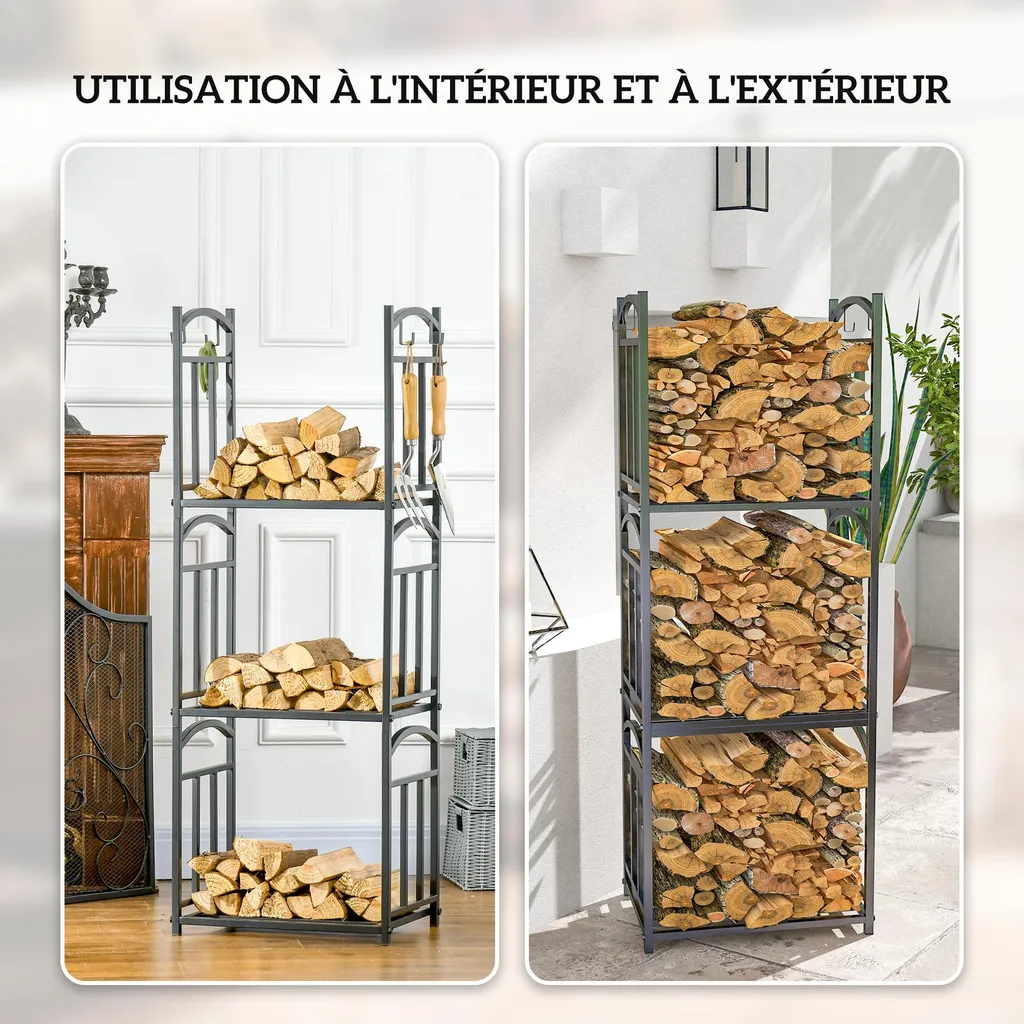 Porte-bûches Modulable 126 cm Robuste Charge 60kg en Acier Époxy Noir - 8