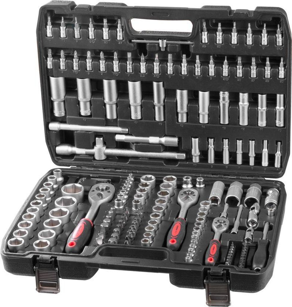 A black tool case filled with various metal tools, including sockets, ratchets, and bits.