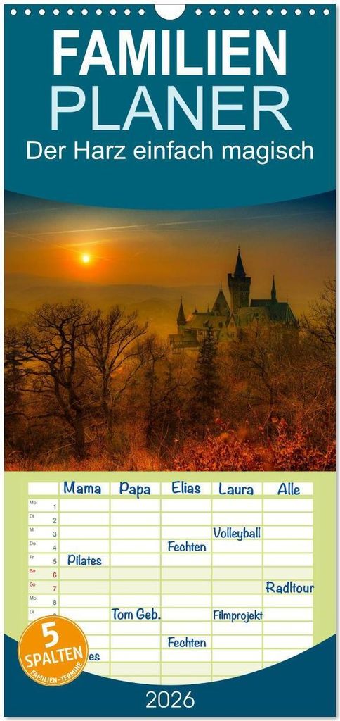 Familienplaner 2026 - Der Harz einfach magisch mit 5 Spalten (Wandkalender, 21 x 45 cm) CALVENDO