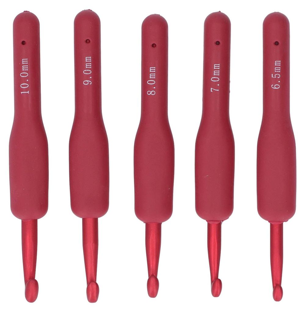 5-teiliges Häkelnadel-Set mit rotem ergonomischem Griff und Aluminiumnadeln für Anfänger und Profis, 6,5–10 mm