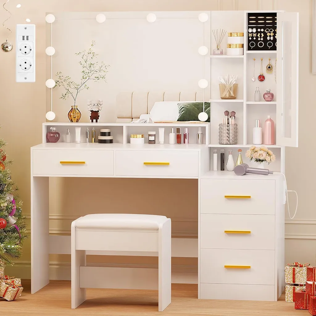 Table de Maquillage Lumineuse avec Tabouret et Rangement en Verre Chic