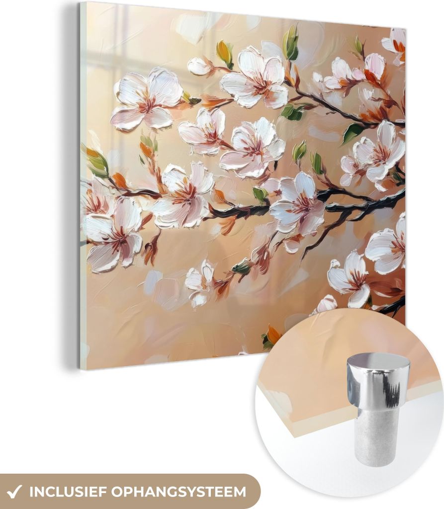 MuchoWow Glasbilder - Bilder auf Wandbild - Foto auf Glas Blütenzweige - Malerisch - Rosa 40x40 cm Wanddekoration aus Glas - Acrylglasbild - Acryl...